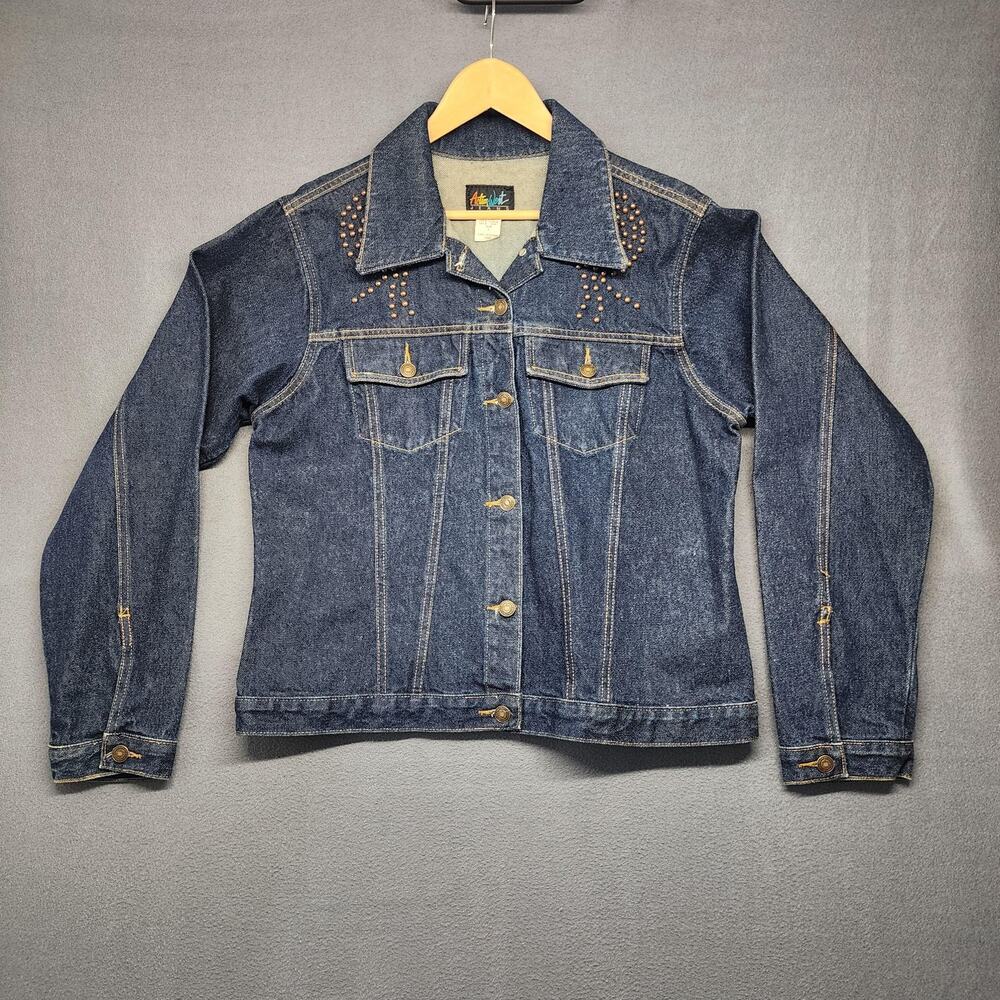 Action West Jeans Jacket Womens Large Blue Denim Studded Western Trucker Cowgirl